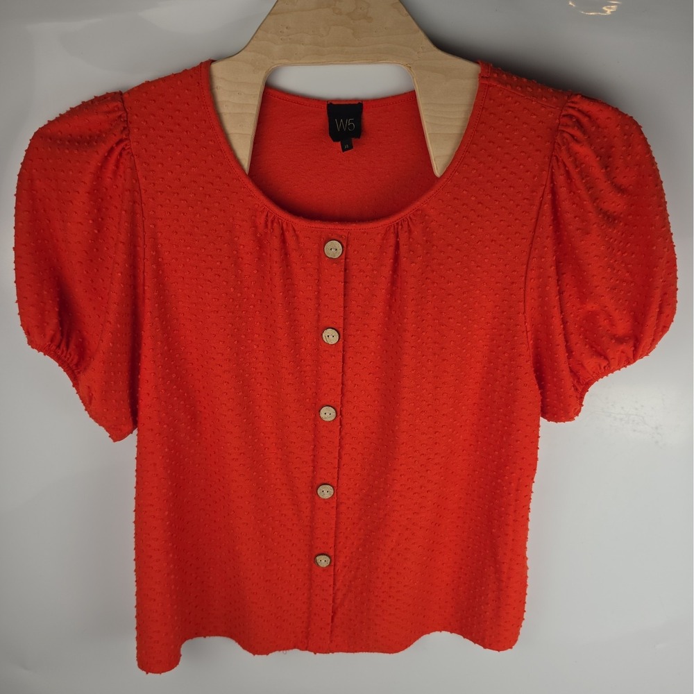 W5 Anthropologie Orange Top Textured Short Puff Sleeve Size XL
